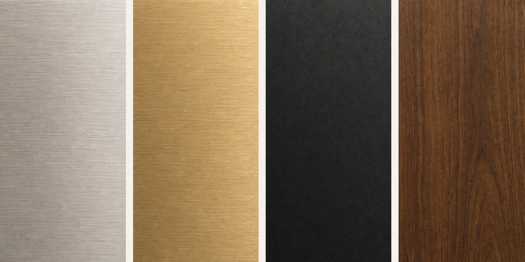Brushed nickel, warm brass, matte black and walnut material swatches