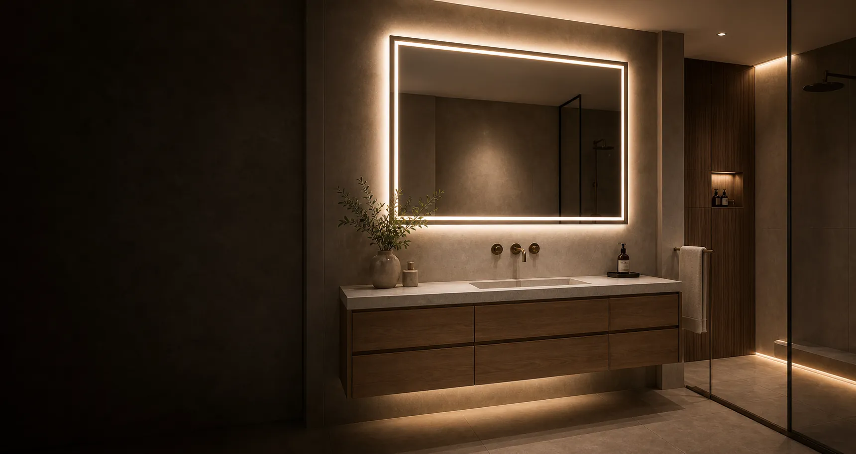 Warm hotel bathroom with an illuminated rectangular LED mirror and walnut vanity