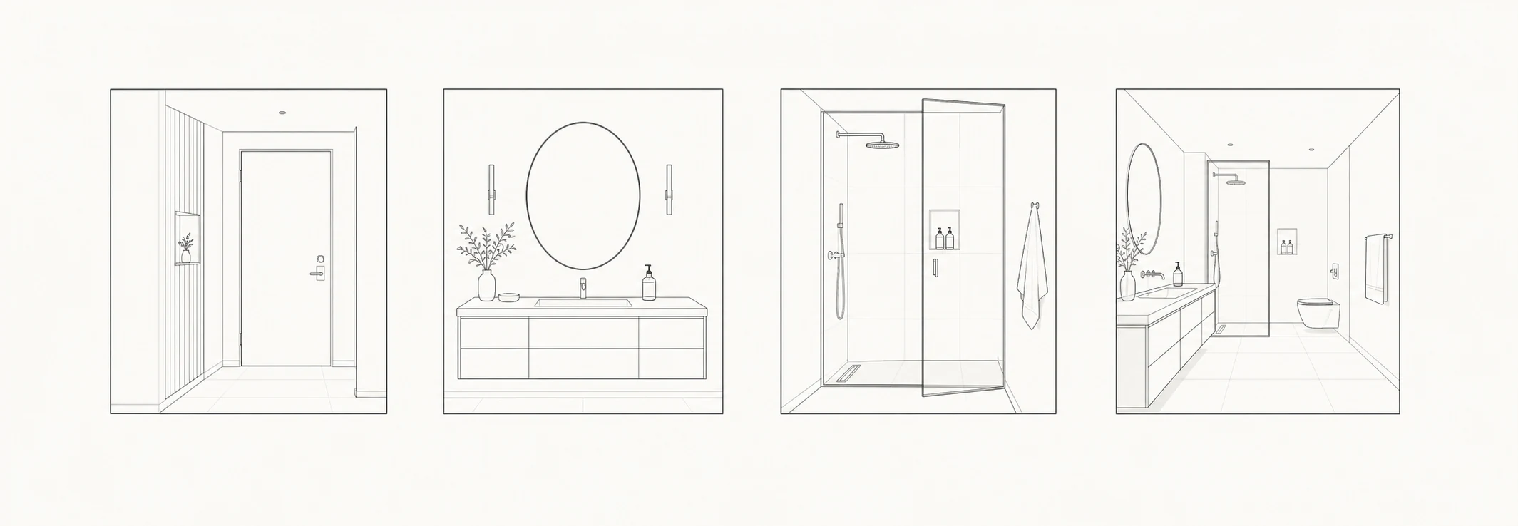 Line drawings of an entry, vanity, shower and in-room bathroom sequence